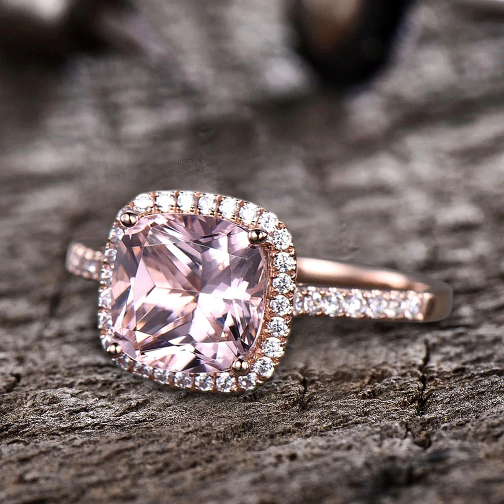 10mm 4.75 Carat Cushion Cut Pink Morganite 10k Rose Gold Halo Engagement Ring N2280