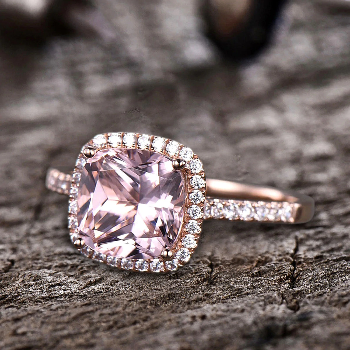 10mm 4.75 Carat Cushion Cut Pink Morganite 10k Rose Gold Halo Engagement Ring N2280