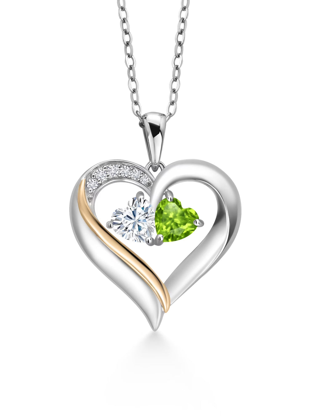 925 Silver 10K Yellow Gold Heart Shape Lab Grown Diamond Pendant Necklace with White Moissanite and Green Peridot (0.95 Cttw, Double Heart, 18 inch Chain) P7131