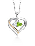 925 Silver 10K Yellow Gold Heart Shape Lab Grown Diamond Pendant Necklace with White Moissanite and Green Peridot (0.95 Cttw, Double Heart, 18 inch Chain) P7131