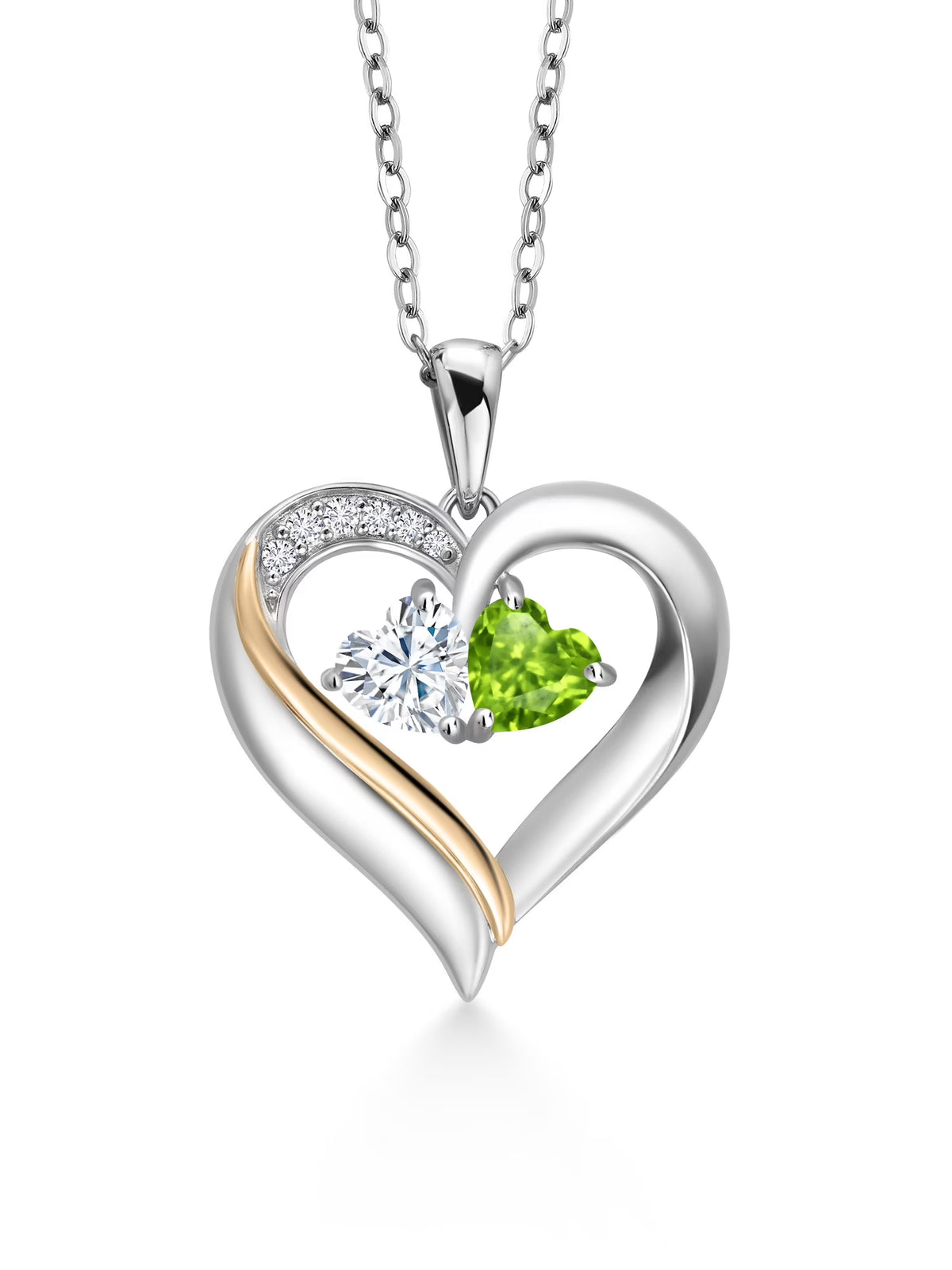 925 Silver 10K Yellow Gold Heart Shape Lab Grown Diamond Pendant Necklace with White Moissanite and Green Peridot (0.95 Cttw, Double Heart, 18 inch Chain) P7131