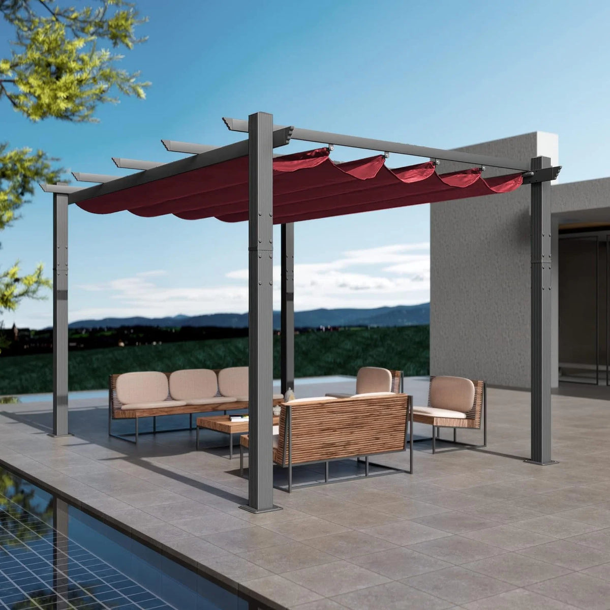 Extra-Large Gray Aluminum Frame Pergola with Sunshade Canopy 10' x 13' Burgundy S721255