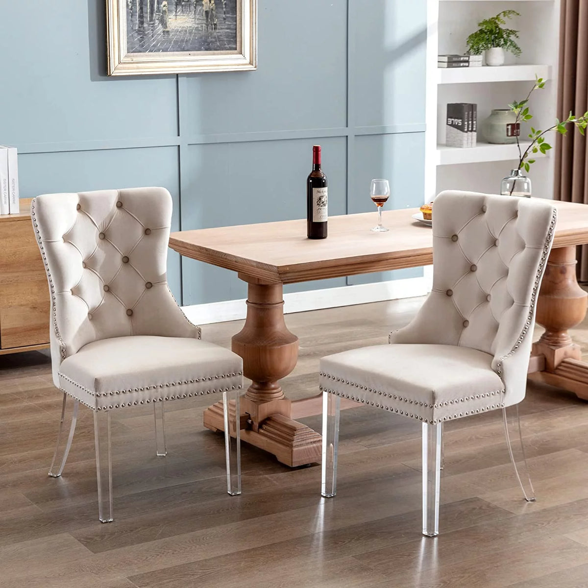 Beige Velvet Dining Chairs Set of 2 with Acrylic Legs W893301