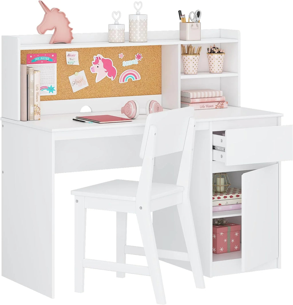 Kids Study Desk and Chair Set with Hutch and Storage Cabinet R8054