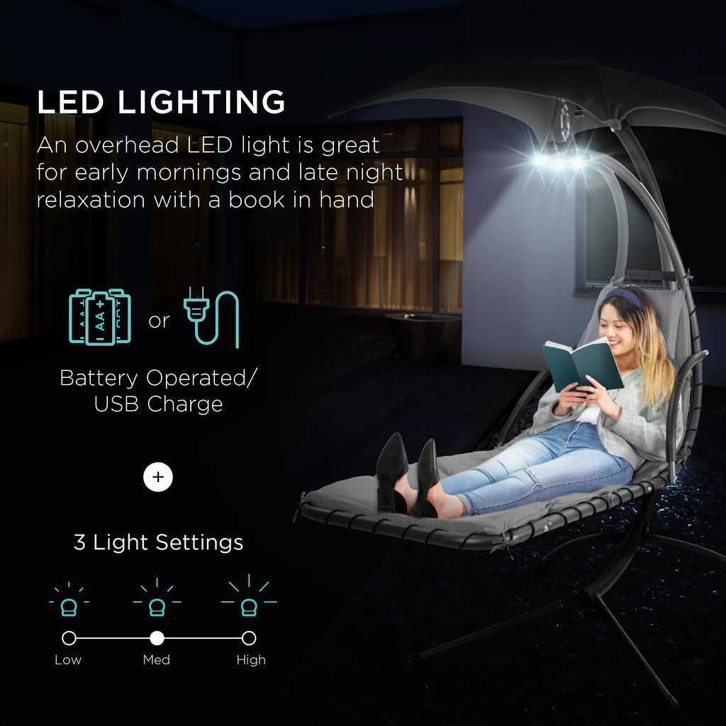 Hanging LED-Lit Curved Chaise Lounge Chair with Pillow, Canopy, Stand - Gray U24490