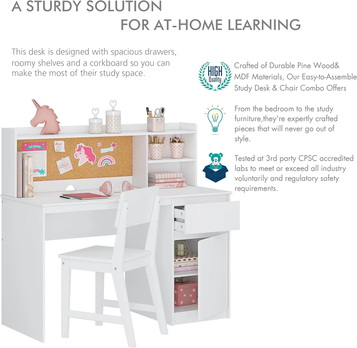 Kids Study Desk and Chair Set with Hutch and Storage Cabinet R8054