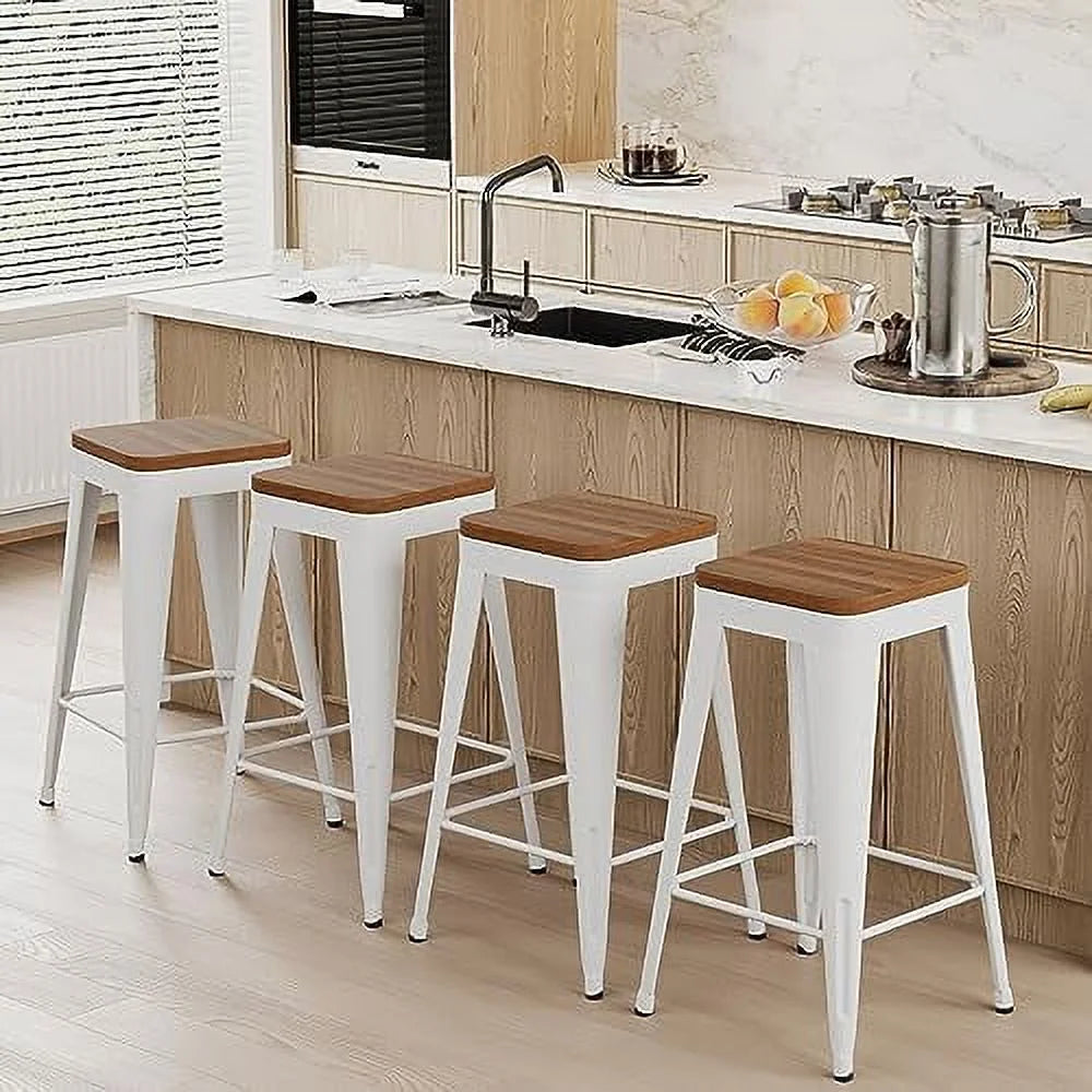 Set of 4 Metal Counter Height Stools with Back and Wooden Seat J741