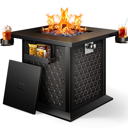 28″ Propane Fire Pit Table with Cup Holders & Hanging Shelf, 50,000 BTU, Glass Stones & Nylon Dust Cover Y473619