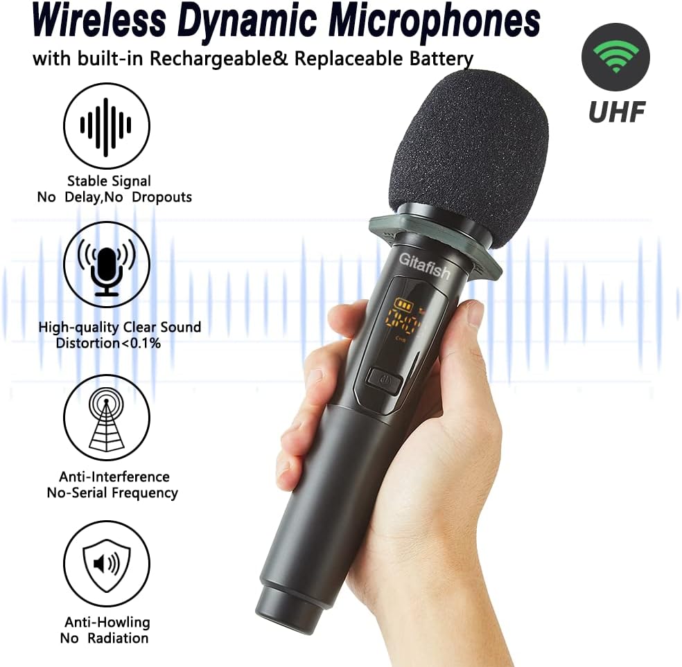 Rechargeable Wireless UHF Dual Cordless Metal Dynamic Microphone System Pack of 2 Y509423