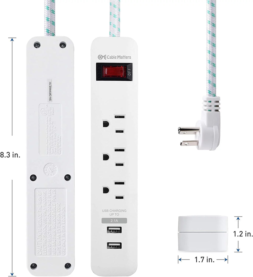 2-Pack 3 Outlet Surge Protector Power Strip with USB Charging Ports White U179