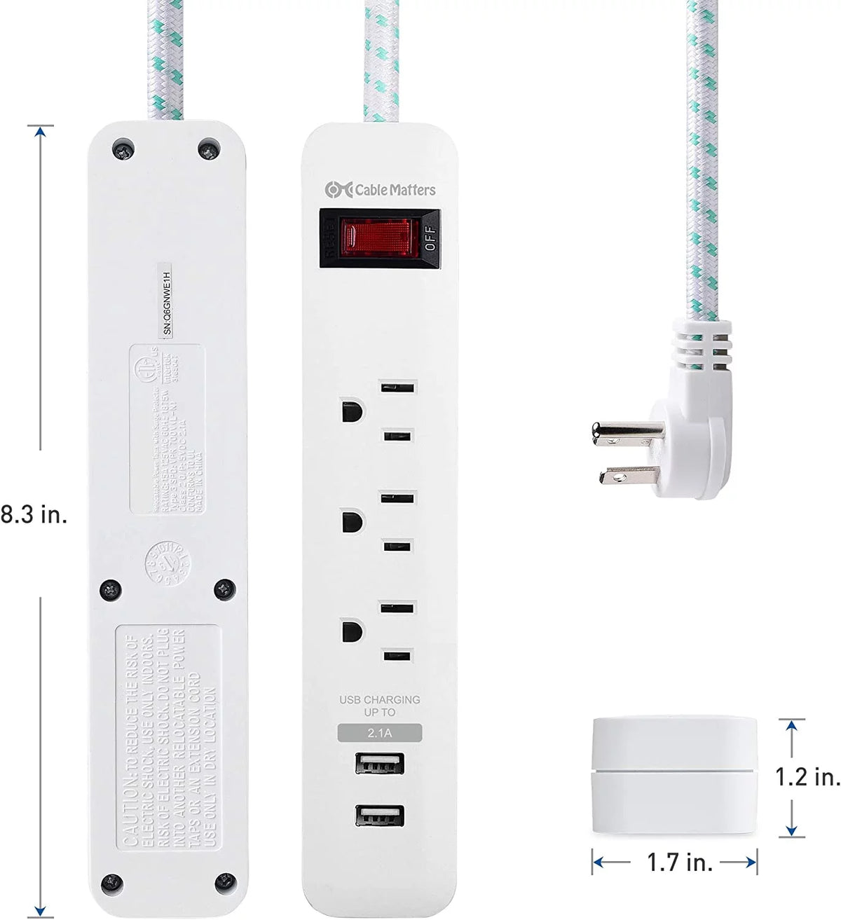 2-Pack 3 Outlet Surge Protector Power Strip with USB Charging Ports White U179