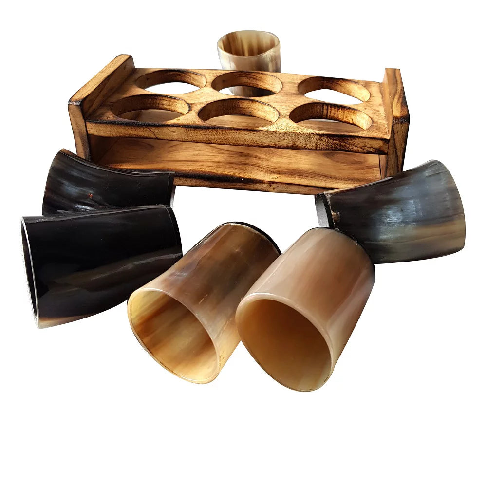 Viking Beer Wine Drinking Horn Glass Set Of 6 With Wooden Stand T68992