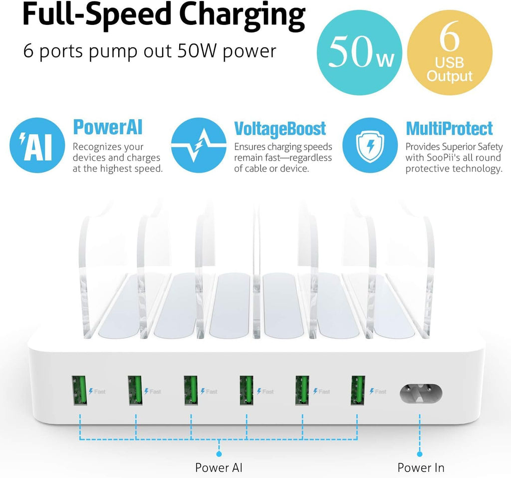 6-Port USB Charging Station with 6 Charging Cables White Pack of 2 A7775