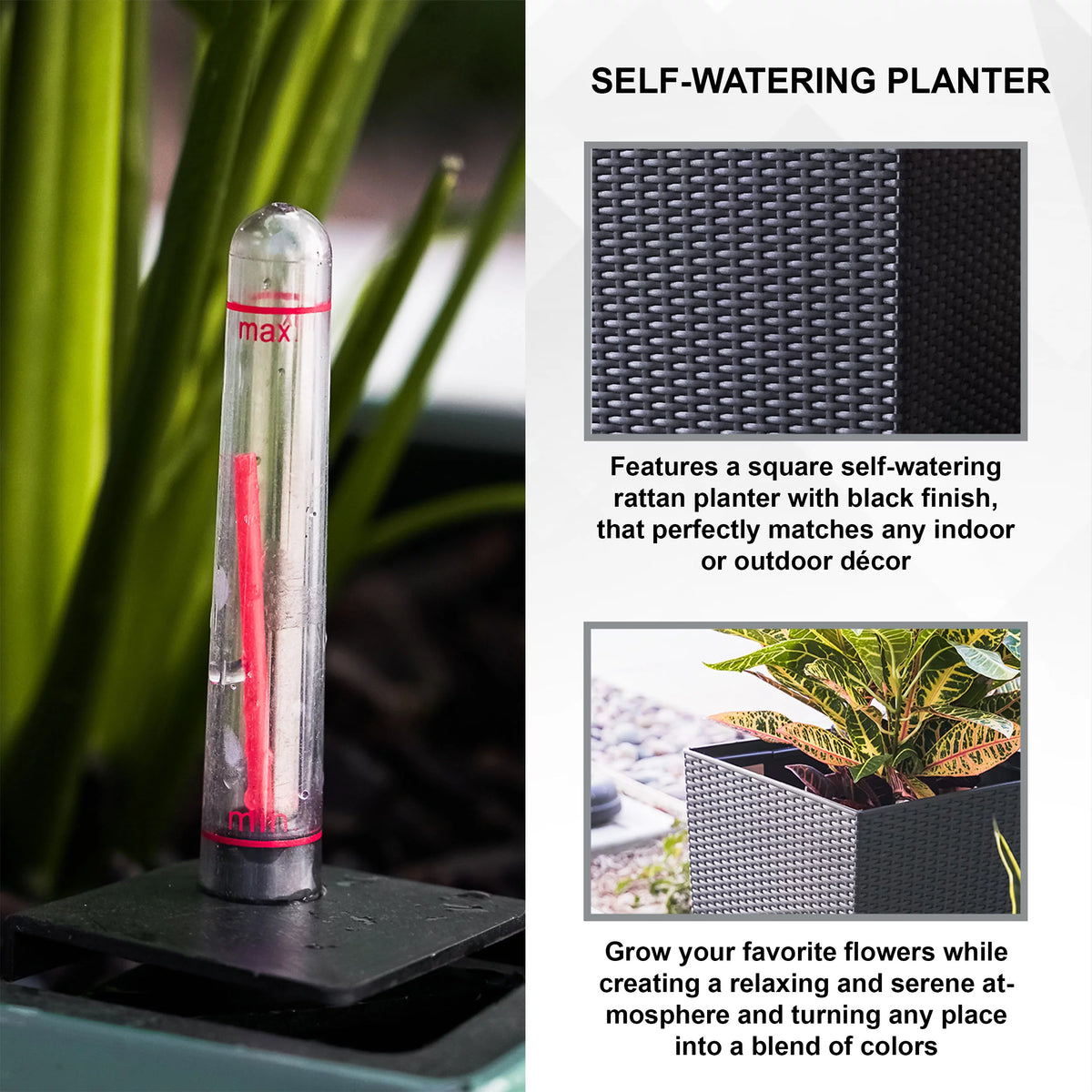 30" Black Rattan Self Watering Square Planter Pot X4230