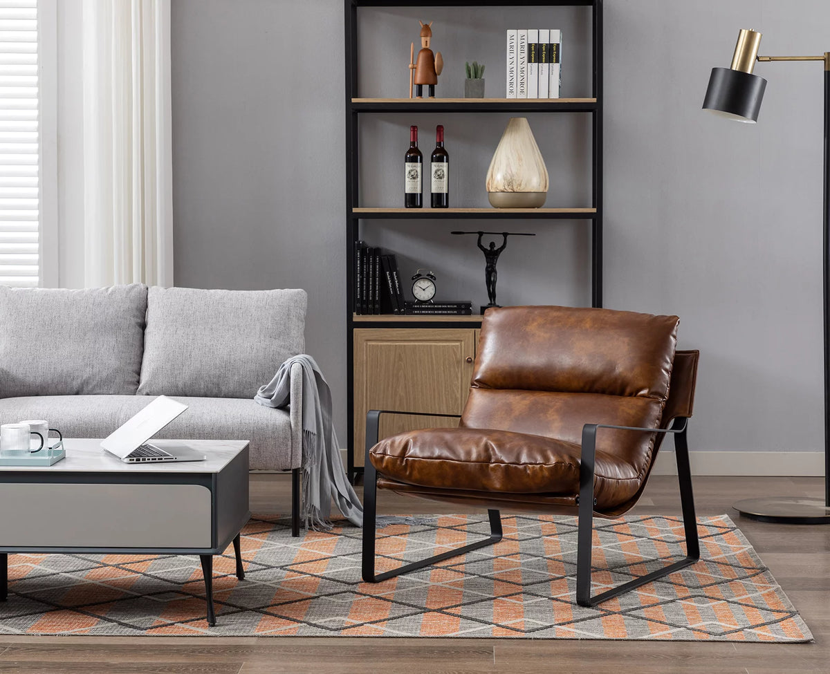 Brown Faux Leather Upholstered Accent Armchair with Metal Base E815955