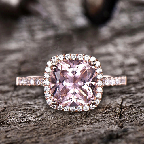 10mm 4.75 Carat Cushion Cut Pink Morganite 10k Rose Gold Halo Engagement Ring N2280