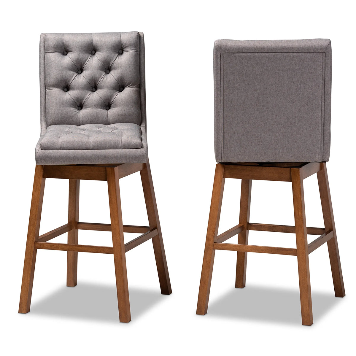 Grey Fabric Upholstered Walnut Brown Wood 2-Piece Swivel Bar Stool Set D64407