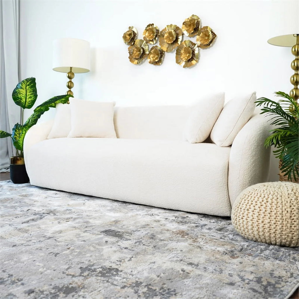 Cream Boucle Fabric Tight Back Couch F72701