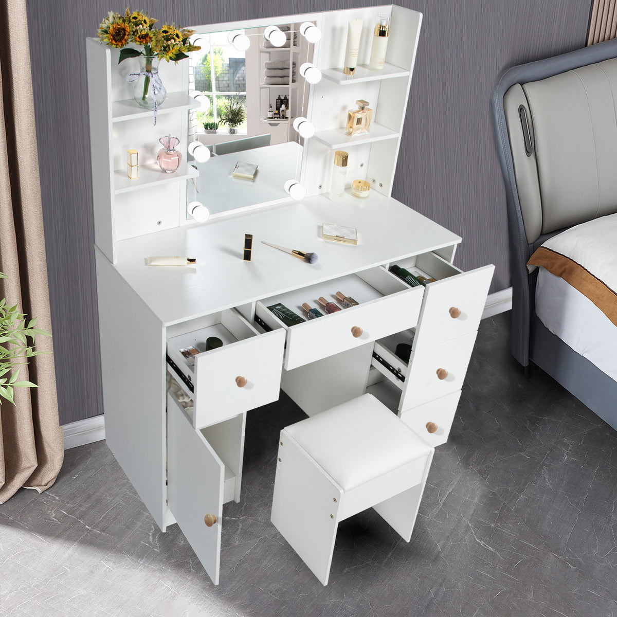 White Vanity Set with Mirror and Lights A2354