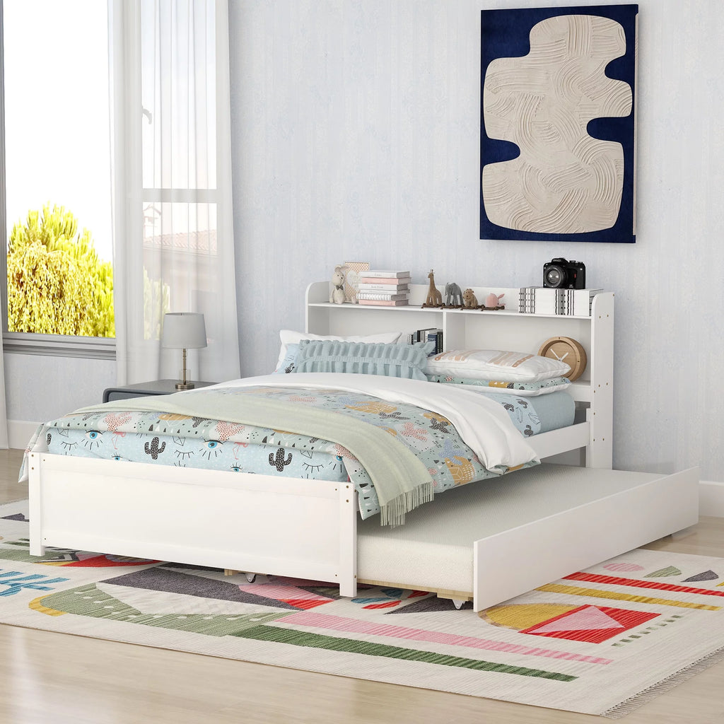 White Wood Full Size Trundle Bed with Bookcase Headboard U691