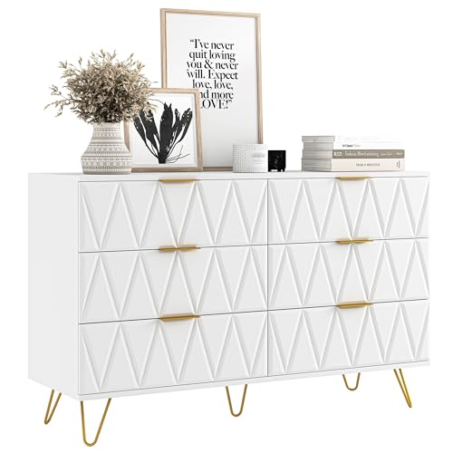 White 6 Drawer Wood Dresser with Gold Handles N151997