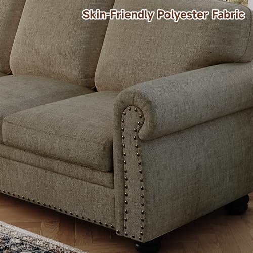 Beige 90 Inch Chenille 3 Seater Sofa with Wooden Leg D42376