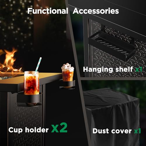 28″ Propane Fire Pit Table with Cup Holders & Hanging Shelf, 50,000 BTU, Glass Stones & Nylon Dust Cover Y473619