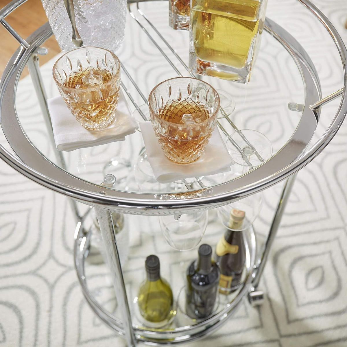 Round Chrome Metal Glass Top Bar Cart L2307