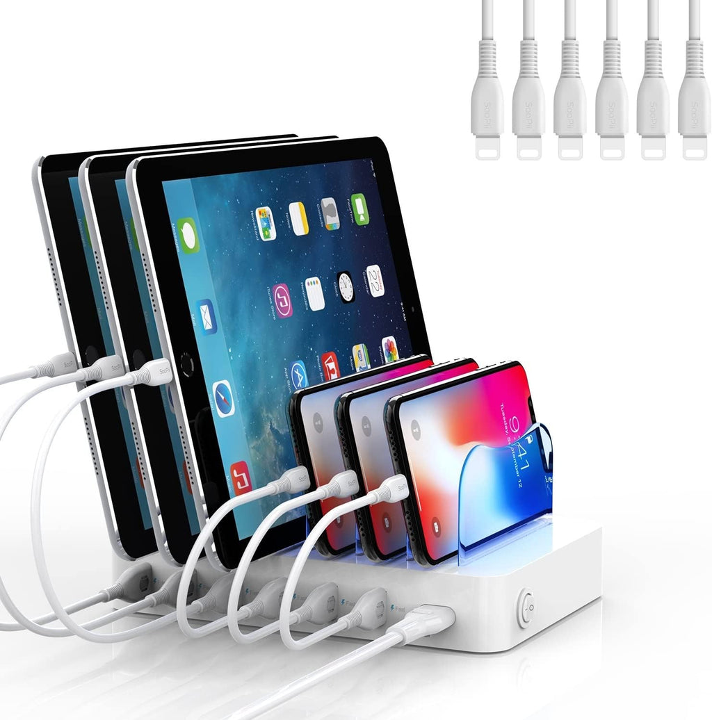 6-Port USB Charging Station with 6 Charging Cables White Pack of 2 A7775