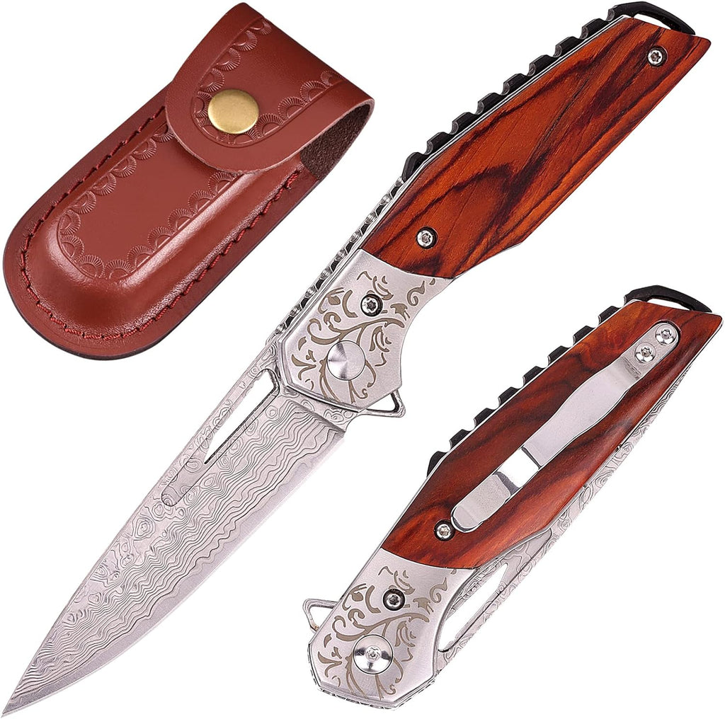 Damascus Steel Pocket Knife Red Sandalwood Handle Folding Knife with Sheath O65526