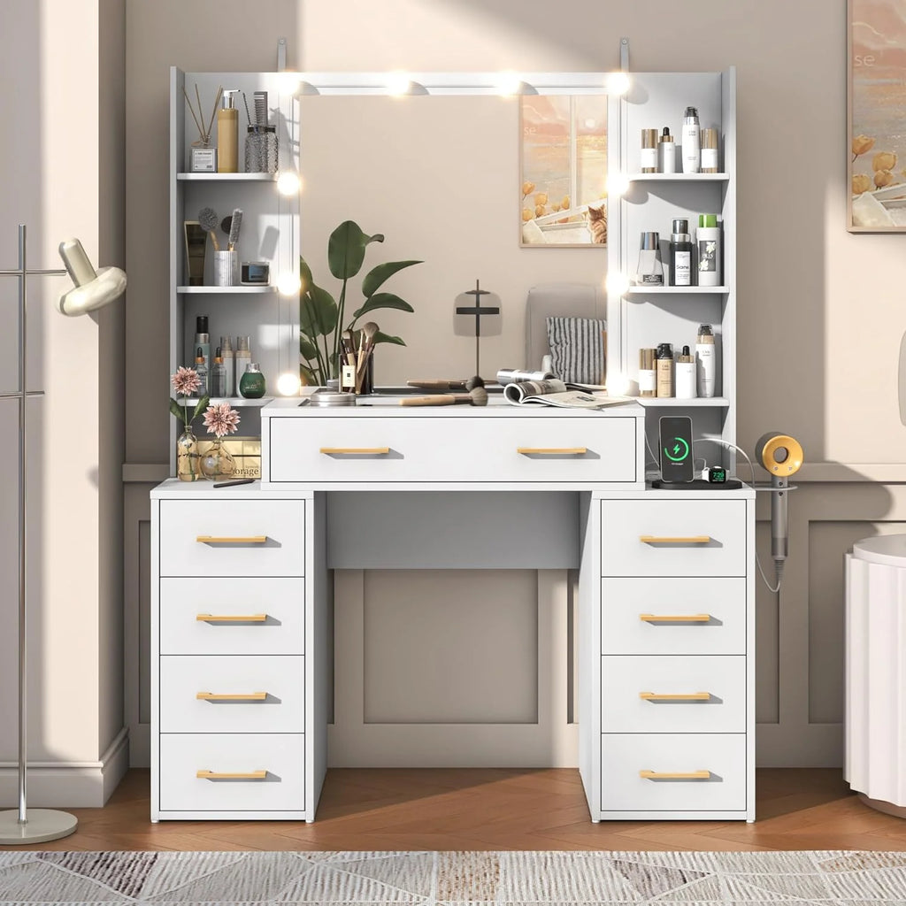 White Vanity Desk with Mirror & LED Lights, Glass Top, 9 Drawers D738