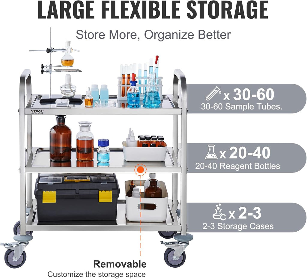 Stainless Steel 3 Shelves Rolling Lab Cart with Foot Brake Z31961