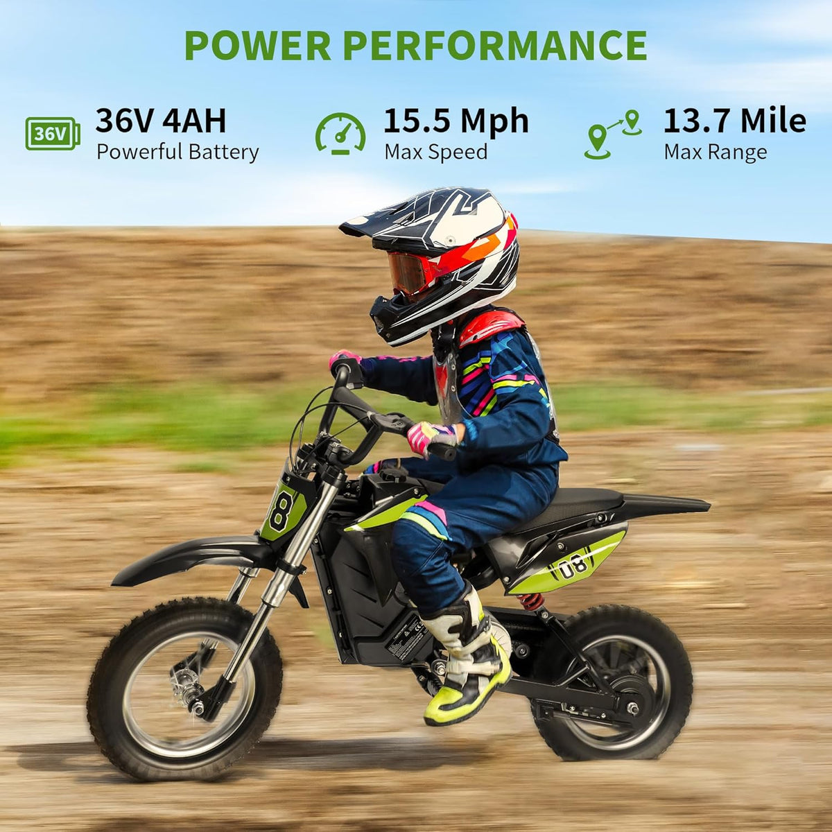 Kids Electric Dirt Bike, 3-Speed Modes Motorcycle X14736