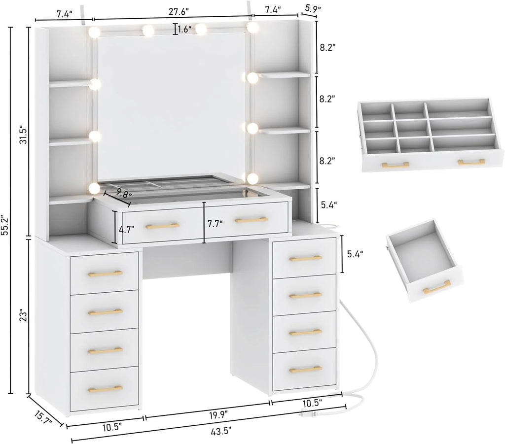 White Vanity Desk with Mirror & LED Lights, Glass Top, 9 Drawers D738