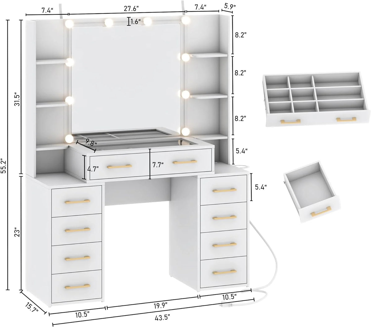 White Vanity Desk with Mirror & LED Lights, Glass Top, 9 Drawers D738