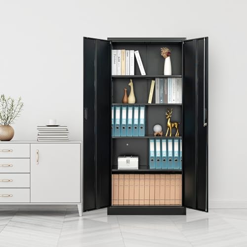 72" Steel Tall Garage Storage Cabinet with Lock, 4 Adjustable Shelves (Black) B982
