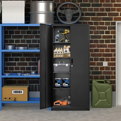72" Steel Tall Garage Storage Cabinet with Lock, 4 Adjustable Shelves (Black) B982