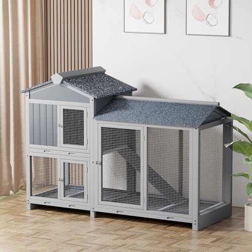 Grey 63" 2 Story Rabbit Hutch with Removable Trays B70404