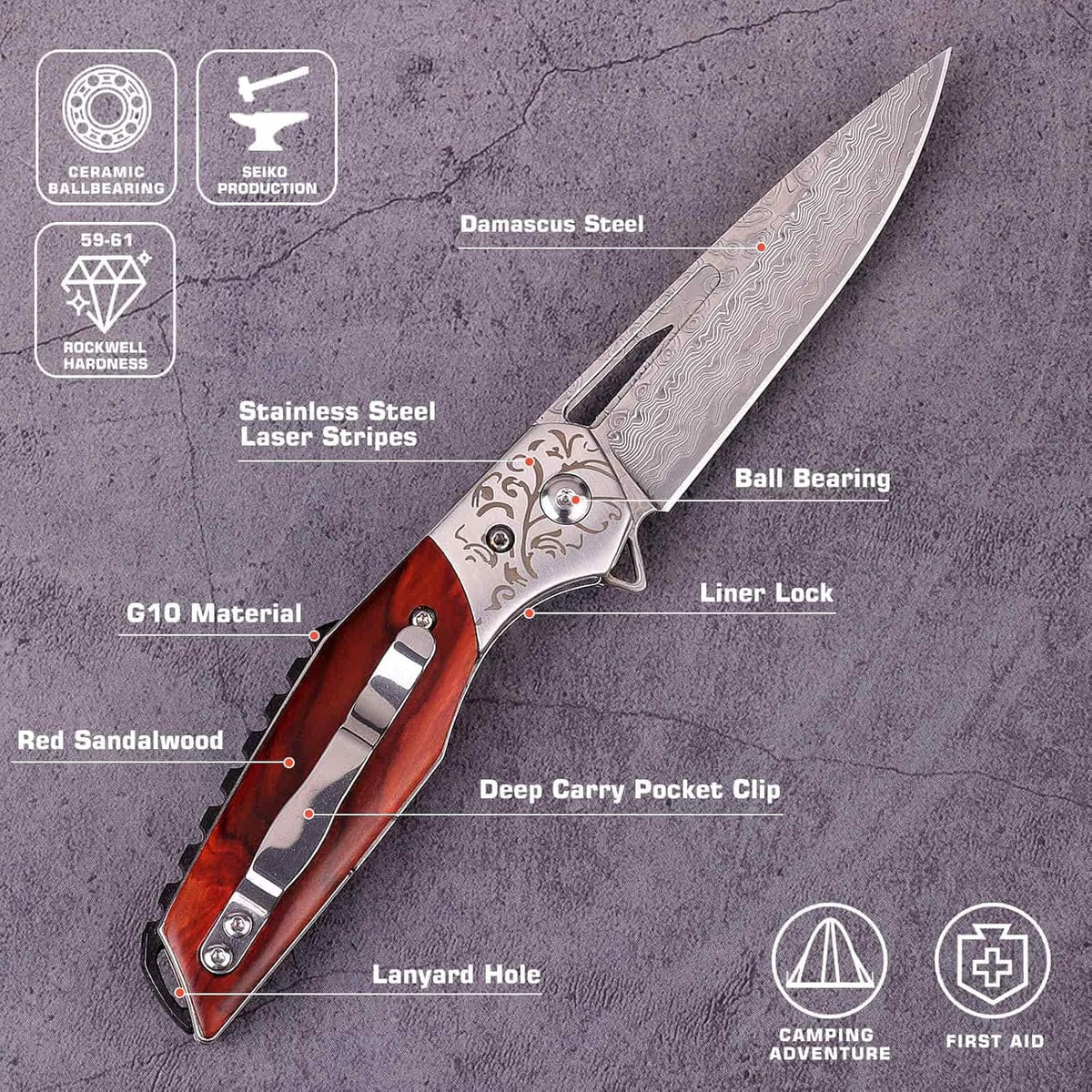 Damascus Steel Pocket Knife Red Sandalwood Handle Folding Knife with Sheath O65526