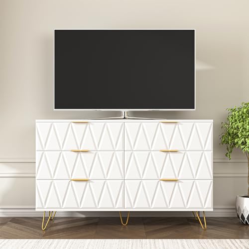 White 6 Drawer Wood Dresser with Gold Handles N151997