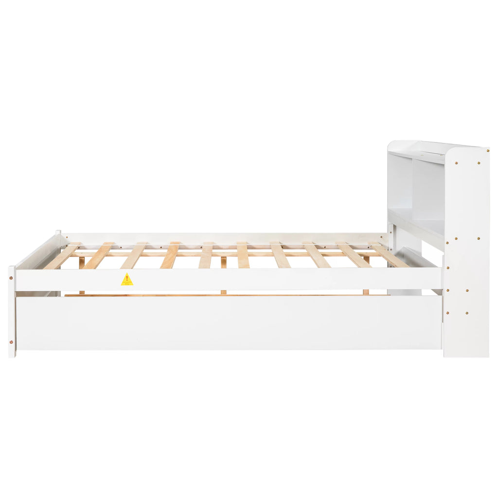 White Wood Full Size Trundle Bed with Bookcase Headboard U691
