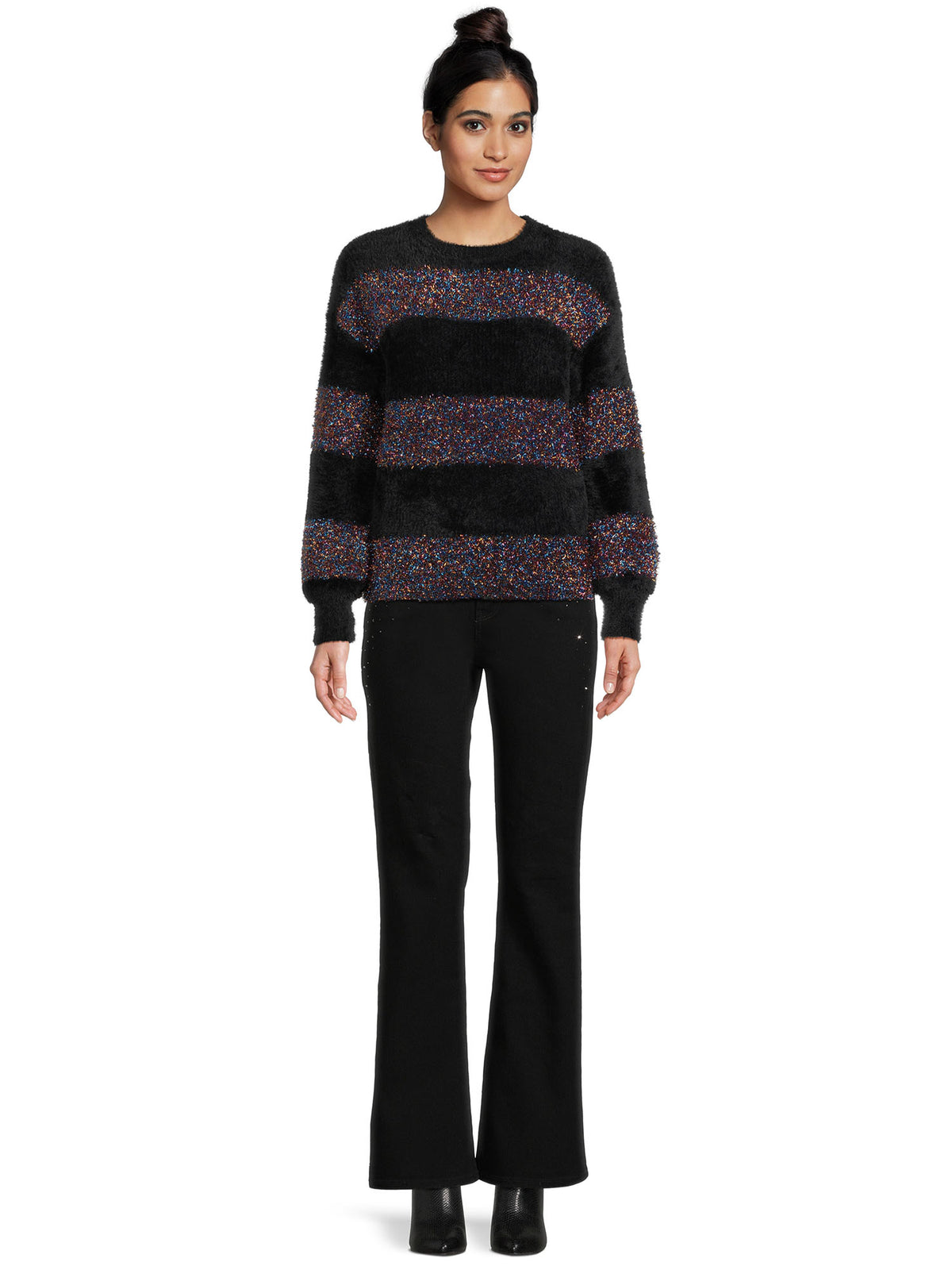 Metallic Stripe Pullover Sweater with Long Sleeves T218