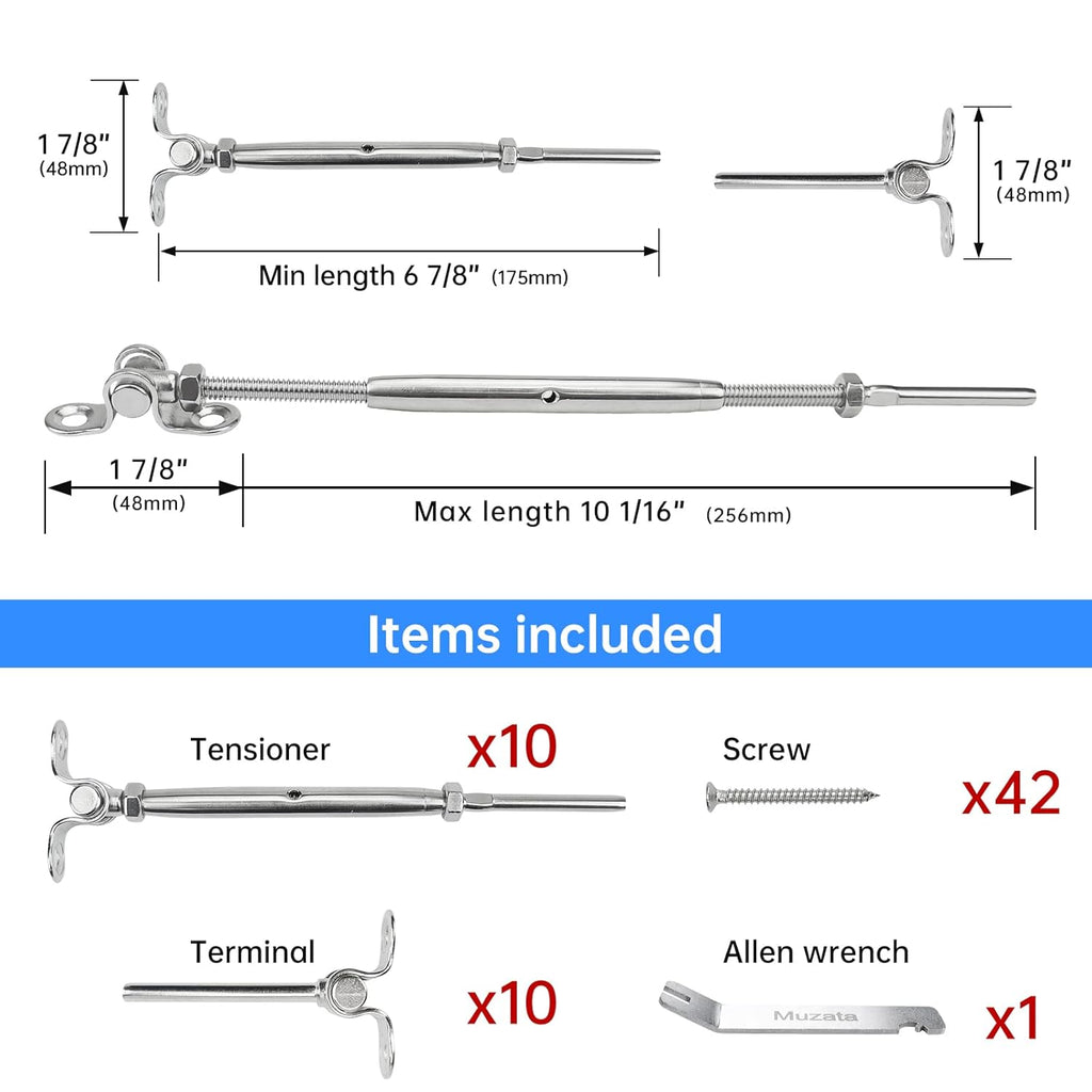 10Set 1/8 Cable Railing Kit T316 Stainless Steel Hardware Angle 180° Adjustable D337440