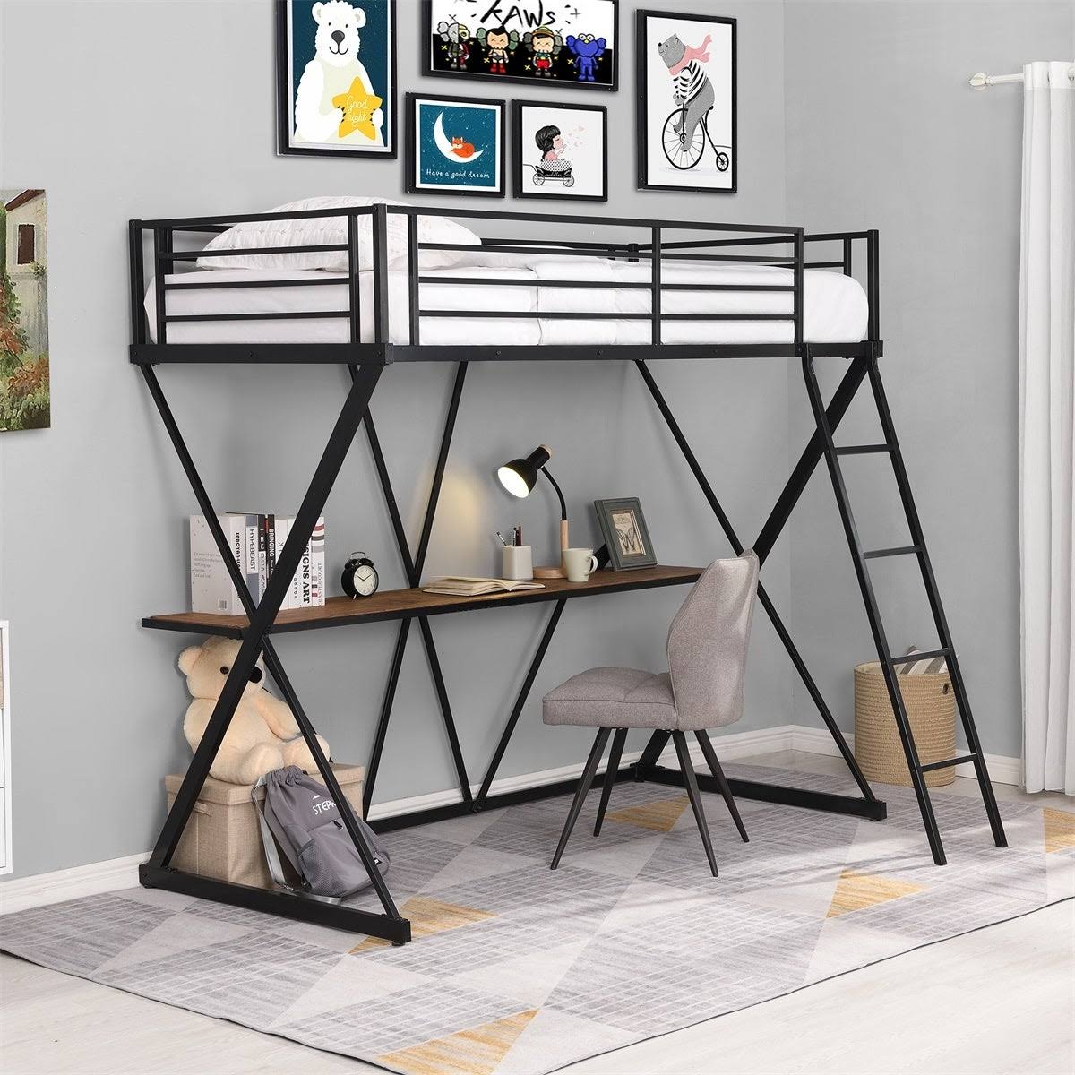 Twin Loft Bed with Desk, Ladder, and Guardrails A590
