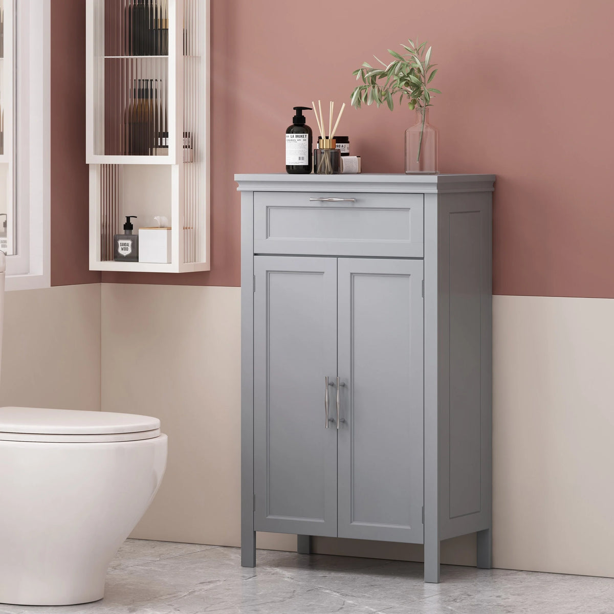 Grey Manufactured Wood 2 Door Floor Storage Cabinet with Drawer T3383