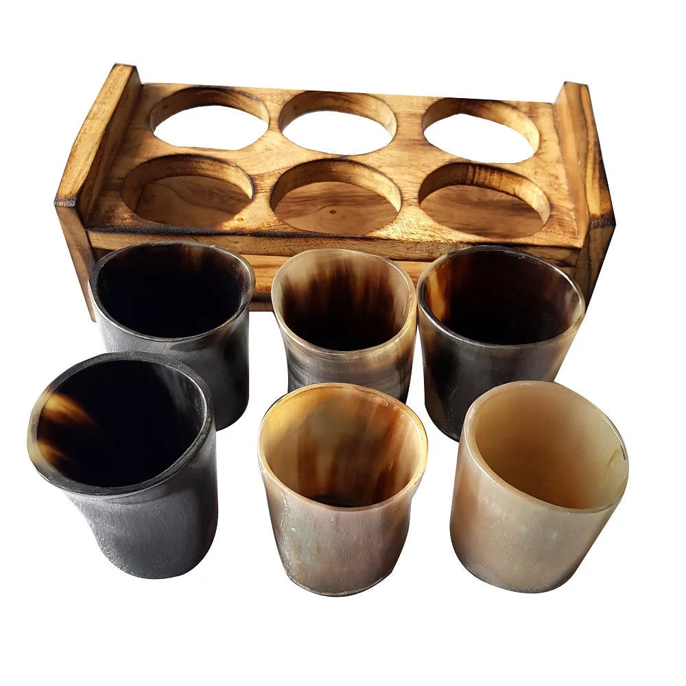 Viking Beer Wine Drinking Horn Glass Set Of 6 With Wooden Stand T68992