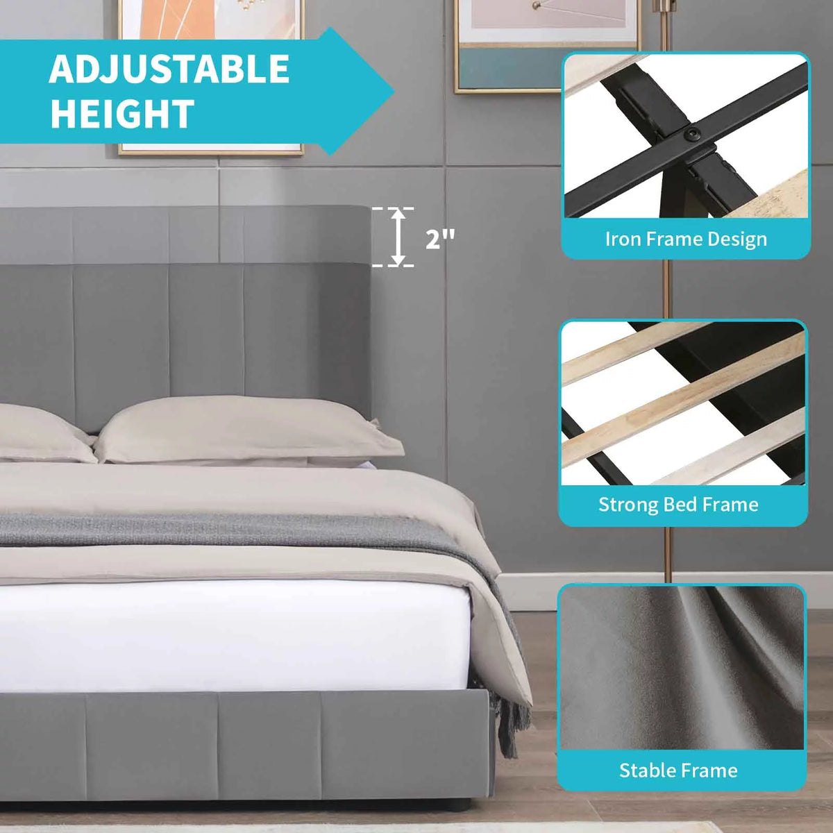 King Size Velvet Upholstered Platform Bed Frame with 4 Storage Drawers B904