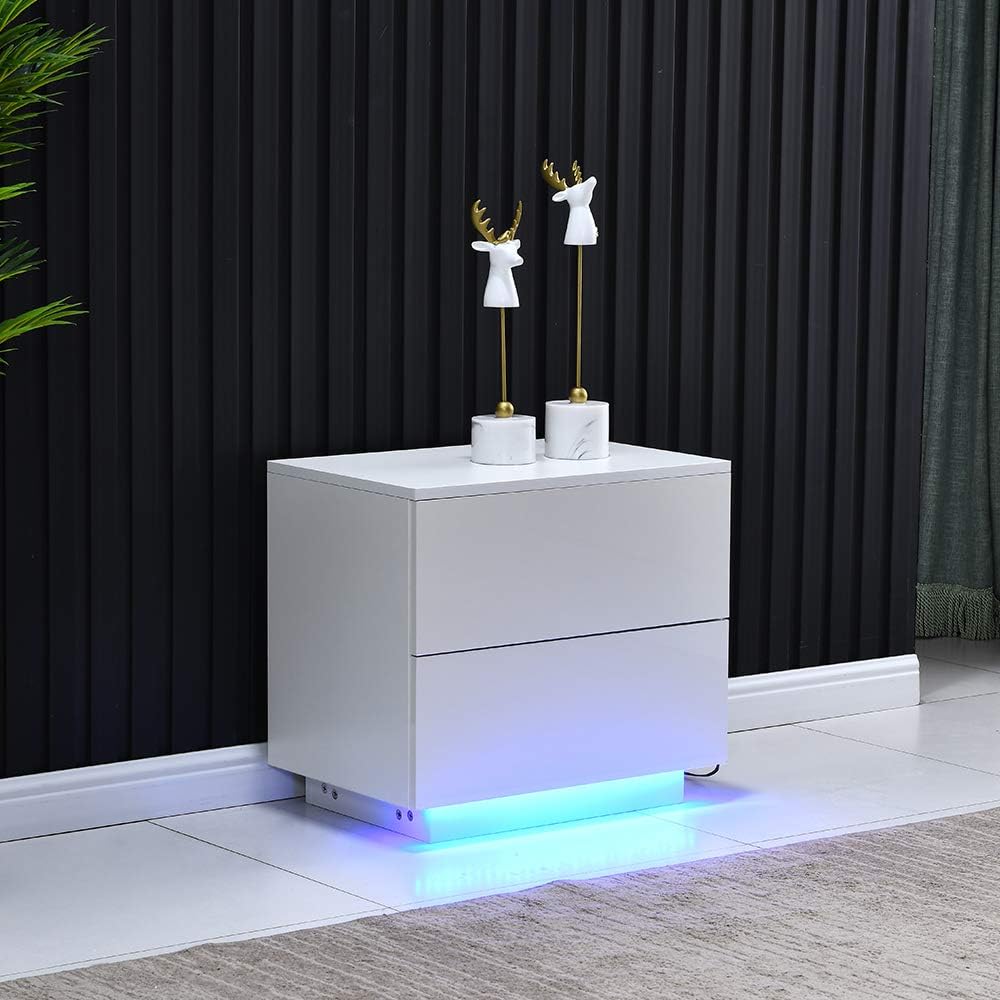 White High Gloss Bedside Table with 2 Storage Drawers and LED Lights M28151