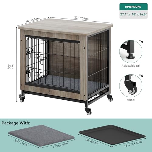 Gray Dog Crate Furniture with Cushion and Wheels X854
