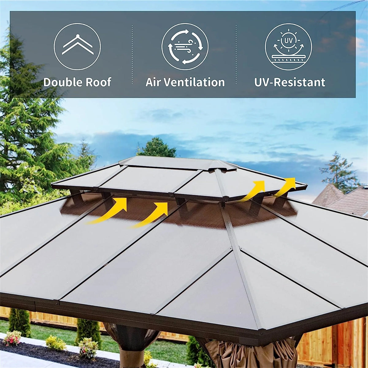 Brown Hardtop Pergola with Bug Netting and Curtains X7038